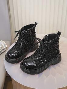 1 par de botas de cuero brillante y elegantes para niños y niñas, botas cálidas para exteriores, botas casuales para niños pequeños, botas para todas las estaciones