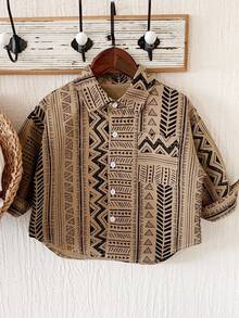 Young Boy Geometric Print Casual Shirt, Spring/Summer - Khaki - View 4