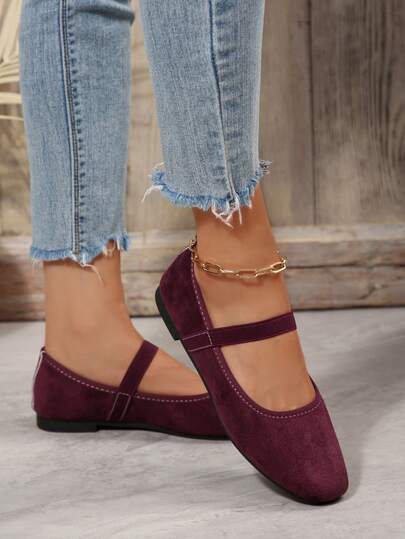 Sapatilhas femininas estilo ballet, ideais para o outono, com bico quadrado, modelo slip-on, com elástico na cintura, elegantes na cor bordô, perfeitas para o dia a dia e para o escritório.