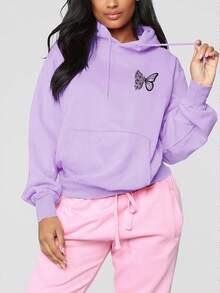 Áo nỉ nữ màu tím dáng dài, họa tiết bướm và hoa tinh tế - 100% polyester, có thể giặt máy, mũ có dây rút, kiểu dáng thường ngày | Áo nỉ phong cách thường ngày | Trang phục thường ngày bền bỉ, áo nỉ cỡ lớn - Màu tím hoa cà - Xem 2