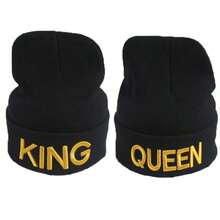 2pcs Black Unisex Knitted Hat With 'queen' And 'king' Embroidery, Ear Protection, Winter Street - Black - View 7