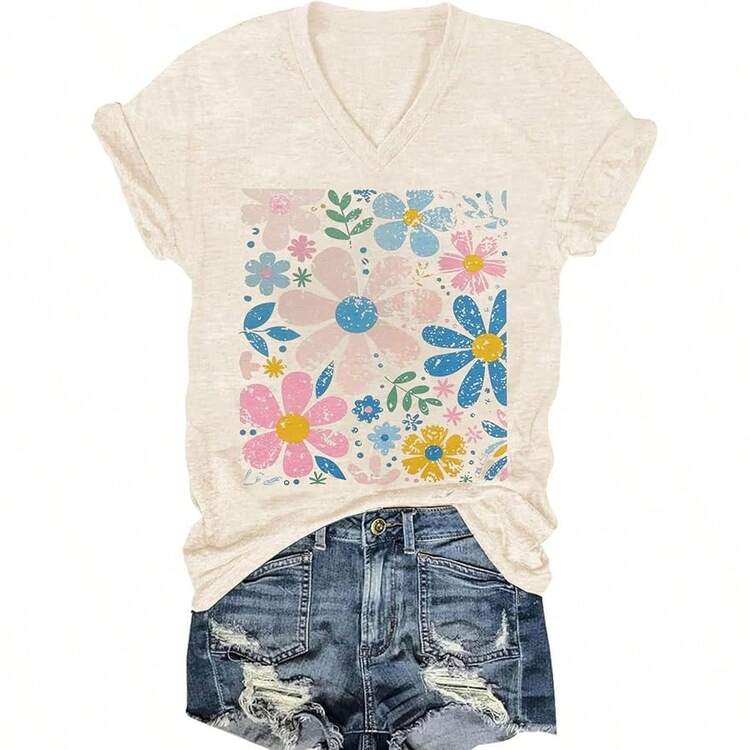Womens V-Neck T-Shirt Flower Graphic Tees Summer Fashion Boho Tops Tshirts Loose Casual Wildflower Beach T Shirts - Màu be - Xem 1