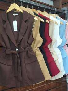 Max Women's Tailored Vest Bow Elegant Long Coat - màu đen - Xem 7