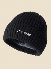 1pc Unisex "IT's OKAY" Embroidered Solid Color Knit Beanie, Men's Winter Thermal Lined Warm Cuffed Hat, Soft & Comfortable, Minimalist & Fashionable, Suitable For Cold Weather Winter Clothing - A - View 9