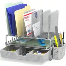 SimpleHouseware Mesh Desk Organizer with Sliding Drawer, Double Tray and 5 Upright Sections, Black - Plateado - Ver 2