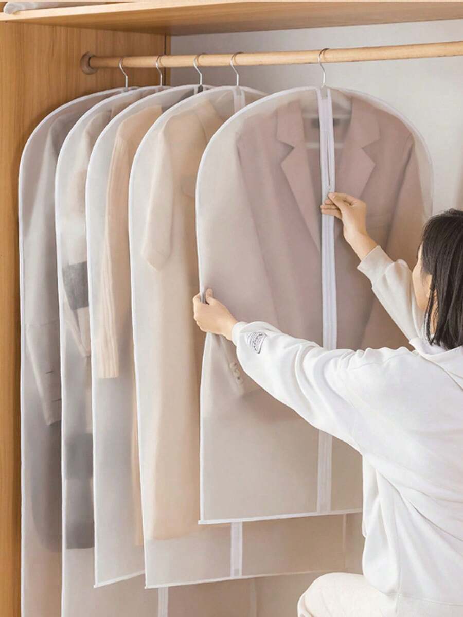 1/5pcs Translucent White PEVA Hanging Garment Storage Bags, Breathable Suit Covers, Unisex, Full-Length Zipper, Anti-Moth Anti-Dust Clothing Protector, Suitable For Winter Coats, Dresses, Suits, Closet Storage, Modern Minimalist Design Set - Multicolor - View 1