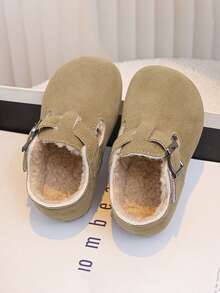 1 Pair Children's Shoes With Metal Buckle Decoration, Warm, Casual Shoes, Retro Style, Children's Thermal Lined Casual Shoes, For Daily Travel - Khaki - View 2