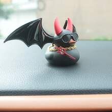 1pc Gothic Rubber Duck With Demon Wings & Golden Necklace - Bat Wing Design, Red Beak And Horns, Durable PVC Material, Black & Red Car Dashboard Decor, Steering Wheel Accessory, Unique Halloween Party Decoration, Car Interior Accessory, Demon Rubber Duck With Expressive Eyes And Sharp Teeth, Suitable For Dashboard Or Party Decoration, Ideal For Car Enthusiasts And Halloween Gifts - Black - View 4