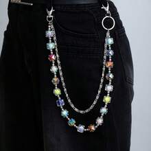 1 pieza Cadena de pantalones elegante y de moda con cristales multicolor; Cadena de pantalones de doble capa de estilo caramelo de colores de moda hip-hop; Cadena de jeans de estilo europeo y americano para la cintura de los hombres.