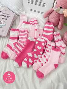 1/3/5双装粉色蓬松袜子，情人节礼物，秋冬季女士加厚保暖袜，不掉毛圣诞礼物 - 粉色 - 查看 13