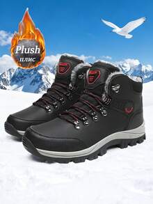 Men's Winter Snow Boots, Size 36, Slip-Resistant Thermal Lined, Plus Size 47, Mid-Top Outdoor Warm Hiking Boots Size 48, Waterproof Upper, Soft Shock-Absorbing Comfortable, Black And Gray, Suitable For Daily Wear, Outdoor Hiking, Trekking, And Snow Walking In Cold Winter Weather