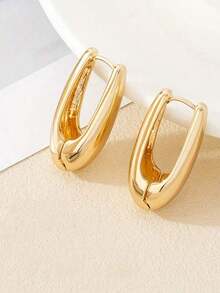 1pair Simple TearDrop Hoop Earrings, Chunky Gold Tone Water Droplet Earrings, U-Shaped Earrings, Oval Hoop Earrings, Stylish And Elegant Lightweight Dainty Women Jewelry, Perfect Gift For Her - 金色U形耳環 - 查看 7