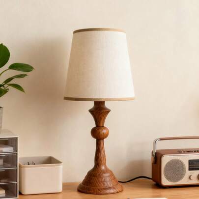 1 件 LED 木纹金属台灯，复古布艺褶皱灯罩柔光，北欧、意大利风格，乡村客厅卧室现代简约阅读学习书桌个性创意简约，暖光装饰多用途暖光露营浪漫优雅氛围床头夜灯