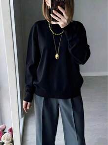 GIGOGOU 女士薄款保暖休闲毛衣上衣，柔软舒适，简约时尚，秋季服装，黑色 - 黑色 - 查看 4