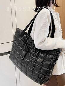 Bolso tote de hombro geométrico guateado - Negro - Ver 1