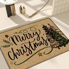 1 pièce Tapis de cuisine en lin imprimé motif sapin de Noël, cadeau de Noël, décoration de Noël, tapis de cuisine, tapis de sol, tapis de salle de bain, paillasson, rectangle imprimé en 3D, convient pour le salon, la chambre, le couloir, la salle de bain, la buanderie - Tapis en polyester, décoration d'intérieur et d'extérieur