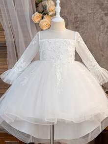 Girls Elegant Lace Patchwork Trailing Princess Dress, Flower Girl Pageant Gown, Wedding Party Performance Dress - White - View 7