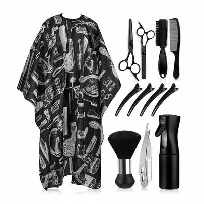 1/2/4/12 Piezas Juego de Herramientas Profesionales para Peluquería, Incluye Capa de Corte de Cabello, Bata de Peluquería, Tijeras con Cepillo para el Cuello, Pinzas para el Cabello, Cepillo para Barba, Navaja para Barba, Peine para Cortar el Cabello, Delantal de Peluquería, Capa para Teñir, Cepillo de Limpieza, Botella Rociadora de Salón, Botella Rociadora de Estilo, Botella Rociadora de Alcohol, Botella Rociadora de Alta Presión y Juego de Herramientas de Peluquería.
