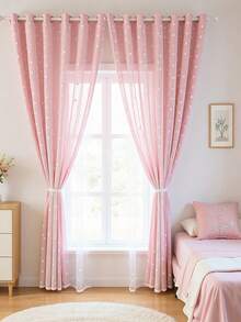1pc Double-Layer Blackout Curtain With Metal Rings, Available In Beige, Pink, Grey, Double-Layer Heat Insulation, Top Metal Rings For Easy Hanging - Suitable For Living Room, Bedroom, Office, Holiday Decor, All Seasons - Pink - View 4