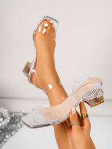 1 par de sandalias de mujer de tacón alto grueso con tiras de cristal transparente, cómodas y versátiles, adecuadas para usar al aire libre y fáciles de combinar con atuendos