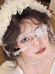 1pc Women's Punk Chic Gothic White Lace Heart Eye Mask Decor, Dark Cross Cosplay Accessory, Nurse, Lolita, Witch Makeup Party Necklace Garter - White - View 2