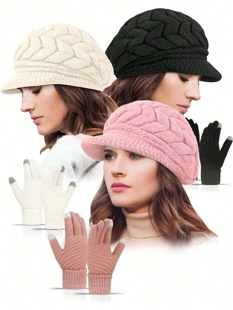 2pcs Women's Hat And Gloves Set, Knitted Beanie Hat And Gloves, Casual Fashion For Autumn/Winter, Suitable For Daily Use, Outdoor Travel, Hiking, Skiing, Climbing, Christmas