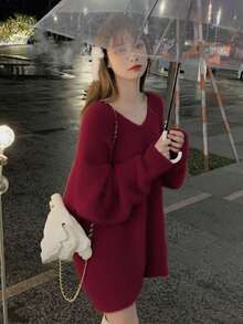 女式宽松V领长袖套头毛衣