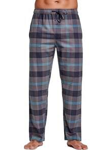 Men's 100% Cotton Super Soft Flannel Plaid Pajama Pantshalloween - 灰色海軍格子 - 查看 1