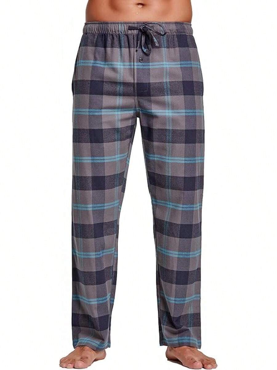 Men's 100% Cotton Super Soft Flannel Plaid Pajama Pantshalloween - 灰色海軍格子 - 查看 1