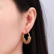 6pcs Fashionable Bestselling Mesh Wrapped Hoop Earrings, New Chinese Style Stainless Steel Woven Circle Earrings, Elegant