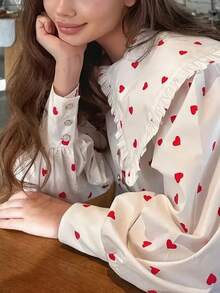 Women's Elegant French Heart Pattern Ruffle Collar Blouse - Polyester, Machine Washable, Perfect For Spring/Autumn - White - View 3