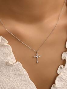 1pc S925 Sterling Silver Gold Plated Zirconia Cross Pendant Necklace - Hypoallergenic Platinum Plating - Minimalist Classic Zirconia Teardrop Cross Design - Matching Cross Set Available - Pure Silver Jewelry - Women Necklace - Choker - Suitable As Holiday Gift - Daily Wear - Stackable - Multicolor - View 5