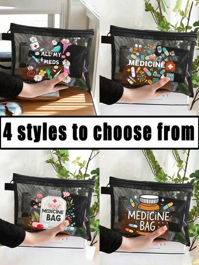 Schwarze Medikamenttasche mit Medikamentischem Motiv-Muster, 4 Stile zur Auswahl, kombiniert kreative Muster aus Pillen und Flaschen, Pillen und den Schriftzug "Medikamenttasche", aus Mesh-Material, transparent, praktisch und leicht zu tragen. Die beste Aufbewahrungstasche für ReserveMedikament, zum Aufbewahren von AlltagsMedikament und Erste-Hilfe-Medikamenten.