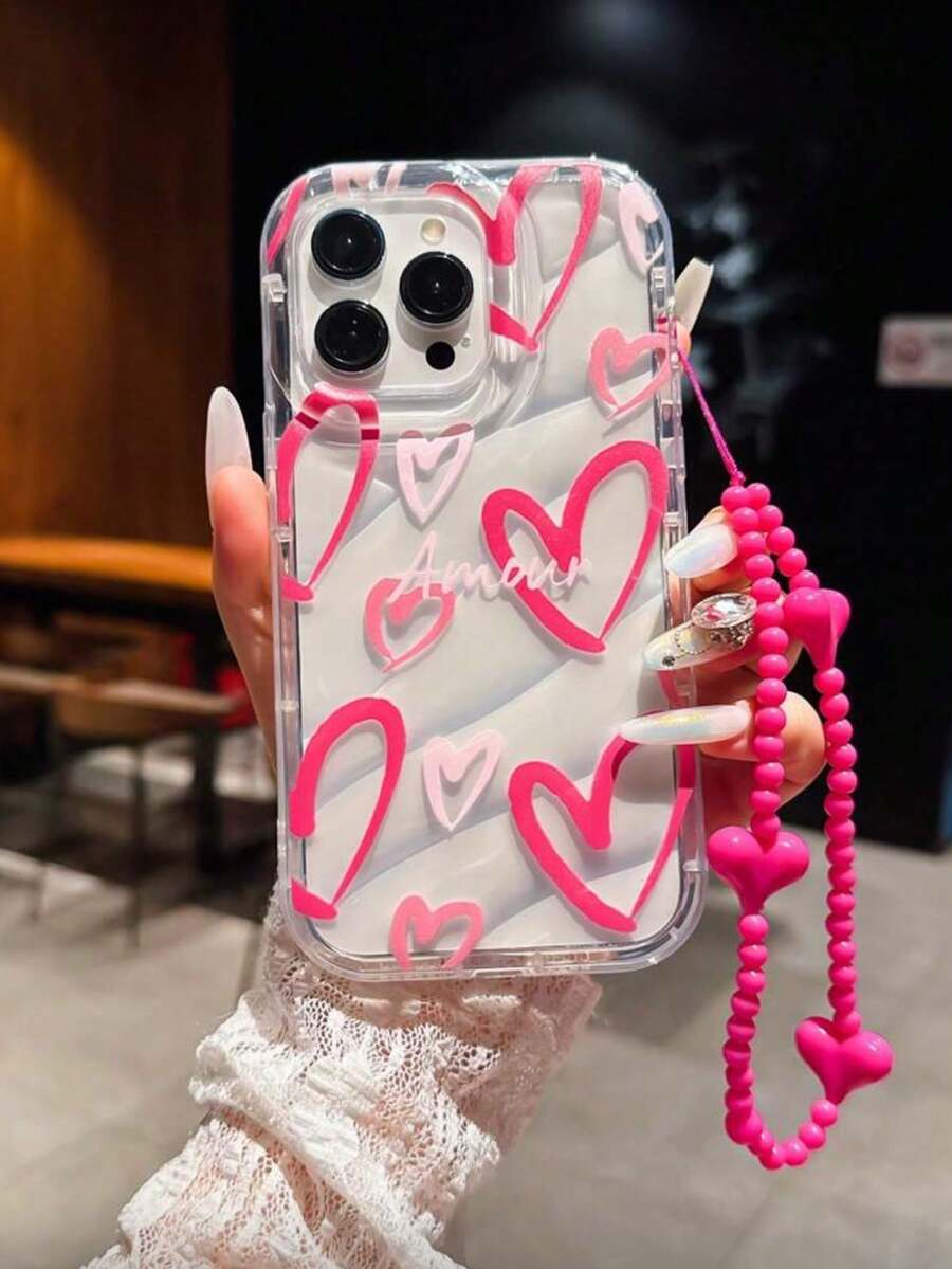 Funda protectora de teléfono con estampado de corazón rosa a prueba de golpes, con cuentas con forma de corazón, accesorio de moda para teléfono compatible con Apple 11, 12, 13, 14, 15 Pro Max/13 Pro Max, XR, XS, 16, 16 Pro Max, 17 Pro Max, 17 Air, etc. Regalo de aniversario, regalo de cumpleaños de primavera, regalo internacional, no la versión nacional, regalo de Pascua - Rosa Fucsia - Ver 1