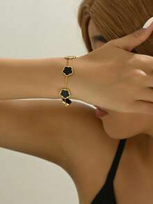 1pc Classic Clover Fashionable  Design Bracelet Set-18k Gold Stainless Steel Penta Flower Design Bracelet For Women, Plated Valentine - 黑色 - 查看 4