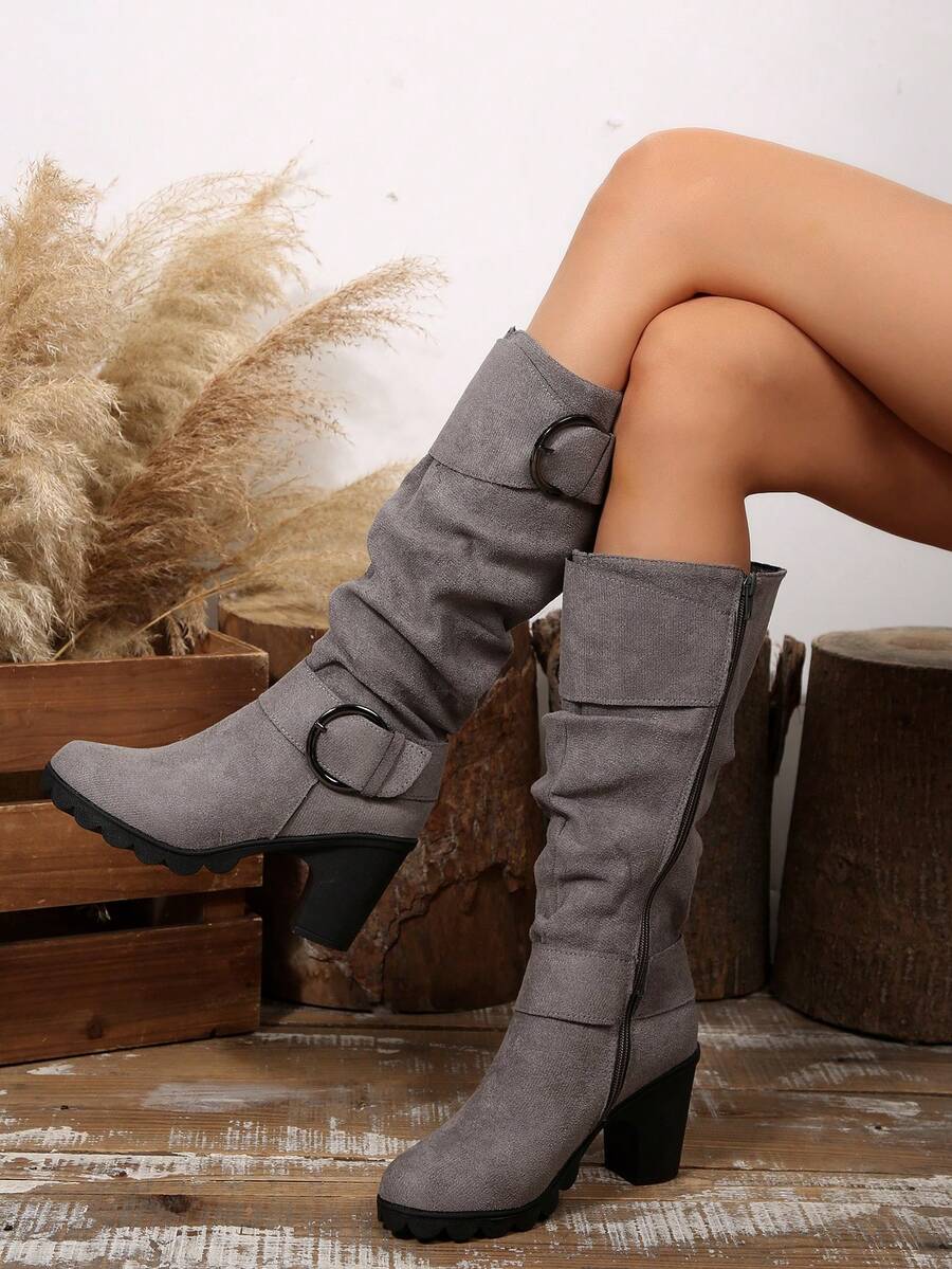 Botas hasta la rodilla con pliegues, hebilla y tacón de cono para mujer de talla grande, estilo europeo y americano, para fiesta, otoño/invierno