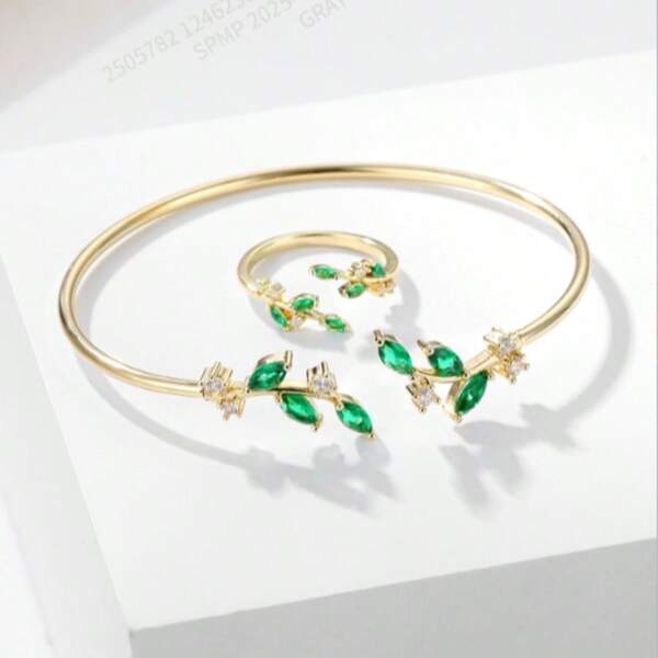 Ensemble de bracelet ouvert et bague en forme de feuille plaqué or 16 carats, style minimaliste