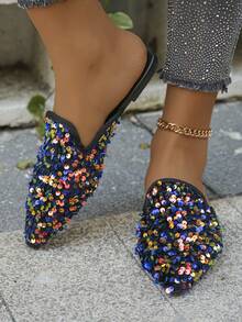 Plus Size 35-45 Pointed Toe Flat Slip-On Mules, French Soft Bottom Rainbow Sequin, Suitable For Summer & Autumn Outdoor & Daily Wear Women Flat Sandals - Purple Rainbow Sequins - View 5