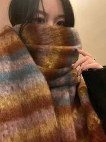 1件装女士棕色凌乱辫子羊毛条纹针织围巾，适合搭配连衣裙 - 棕色 - 查看 4