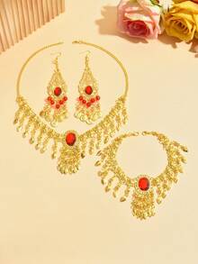 1 Set Glamorous Dance Earrings, Headdress, Necklace Combination, Shiny Gold Tassel Bridal Dance Accessories Set
