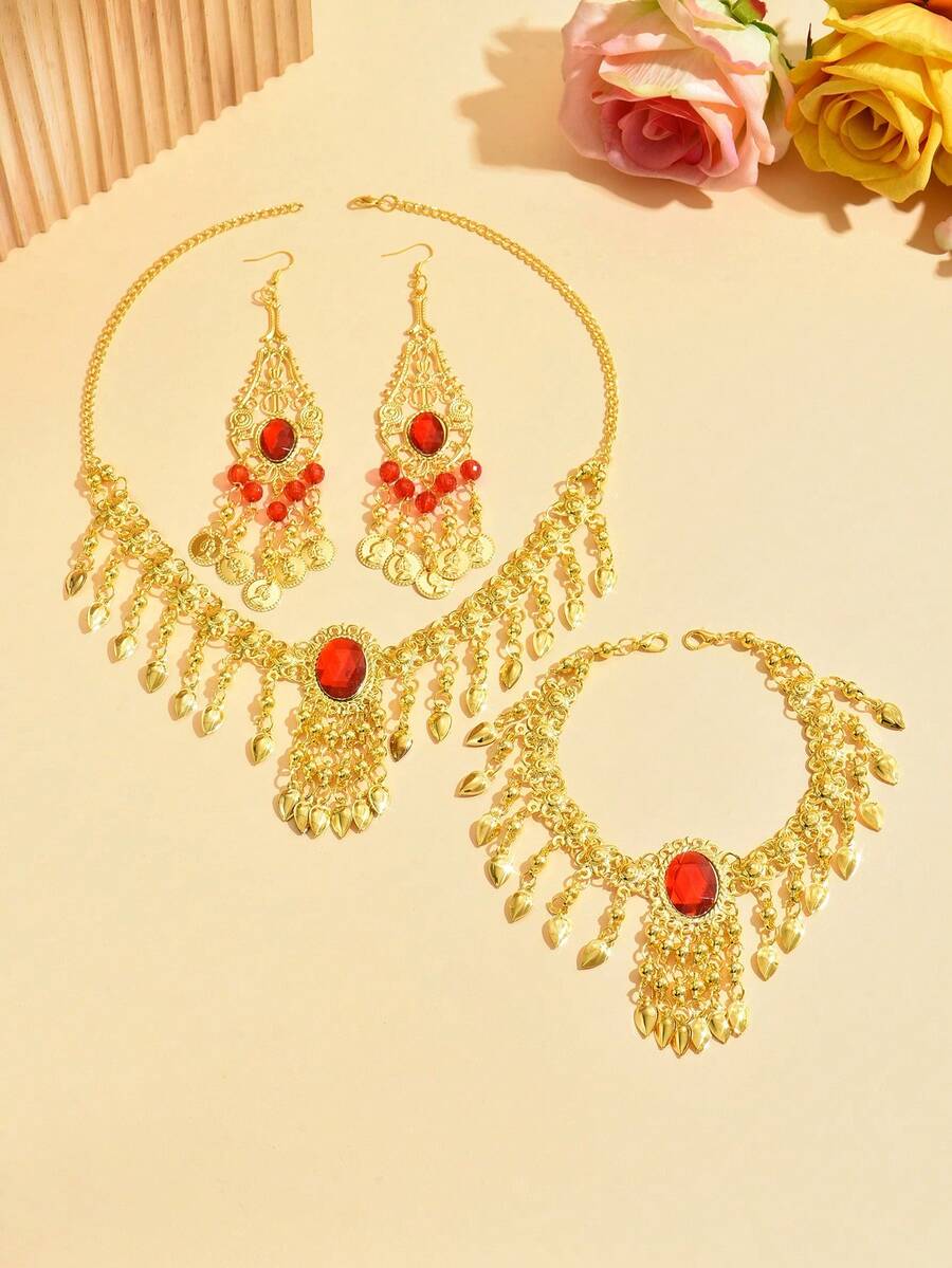 1 Set Glamorous Dance Earrings, Headdress, Necklace Combination, Shiny Gold Tassel Bridal Dance Accessories Set