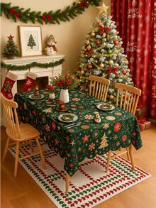 1 pieza Mantel navideño con estampado y relieve, cubierta de mesa de poliéster con tema navideño y adorno de encaje para sala de estar, dormitorio, cocina, decoración navideña