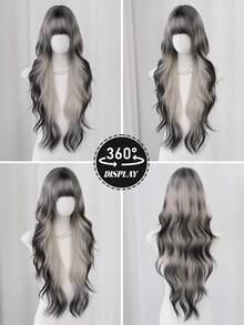NAMM 30 英寸灰色渐变黑色长波浪假发，女士宽松长波浪假发，华丽蓬松合成假发，刘海自然外观，非常柔软合成耐热纤维头发，漂亮的全机发假发适合时尚女孩日常、动漫或服装角色扮演装饰、音乐节舞会街头穿着使用（渐变灰黑色） - 漸層 - 查看 6