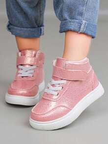 儿童平底防滑高帮休闲鞋，时尚百搭校鞋，休闲步行时尚童鞋，魔术贴扣合女童鞋 - 粉色 - 查看 1