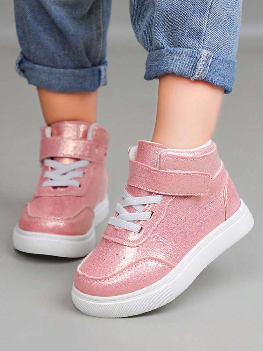 儿童平底防滑高帮休闲鞋，时尚百搭校鞋，休闲步行时尚童鞋，魔术贴扣合女童鞋 - 粉色 - 查看 1