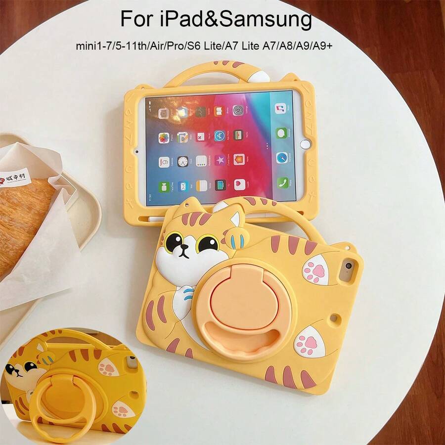 Ốp lưng hình mèo 3D dễ thương, sống động, tương thích với iPad & Galaxy Tab 10th/A16 11th/56789th/Mini/Air/Pro/A7/A8/A9/LITE, hình nhân vật hoạt hình mèo xinh xắn, ốp lưng silicon mềm có chân đế xoay kèm dây đeo, phù hợp cho cả nam và nữ.