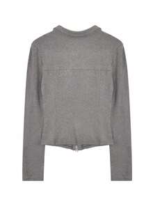 Women's Casual Versatile Minimalist V-Neck Double Zipper Long Sleeve T-Shirt Spring - Grey - View 2