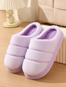 女士厚底拖鞋保暖毛绒拖鞋新款室内抓绒拖鞋秋冬防滑情侣拖鞋 - 紫色 - 查看 6