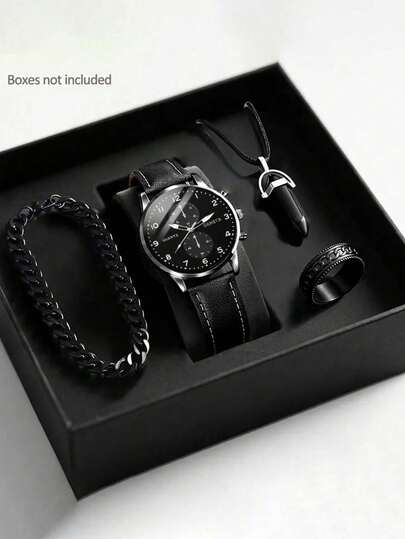 4/1 简约经典圆形商务指针显示男童时尚石英表，适合男生佩戴。附赠奢华时尚的手链、项链和戒指套装。适合学生佩戴，非常适合日常上学、聚会、旅行等场合佩戴。作为礼物，它非常适合送给朋友、生日礼物、毕业季礼物、万圣节礼物。它是送给男生的完美礼物。