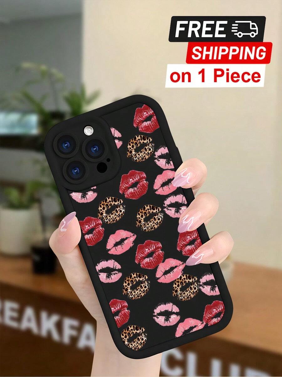 1PC Women's Lips & Leopard Print TPU Protective Shockproof Painted Phone Case For IPhone 17ProMax 16ProMax 15ProMax 14ProMax 13ProMax, Cute Pink And Red Design For Halloween Christmas Party Gift - màu đen - Xem 1